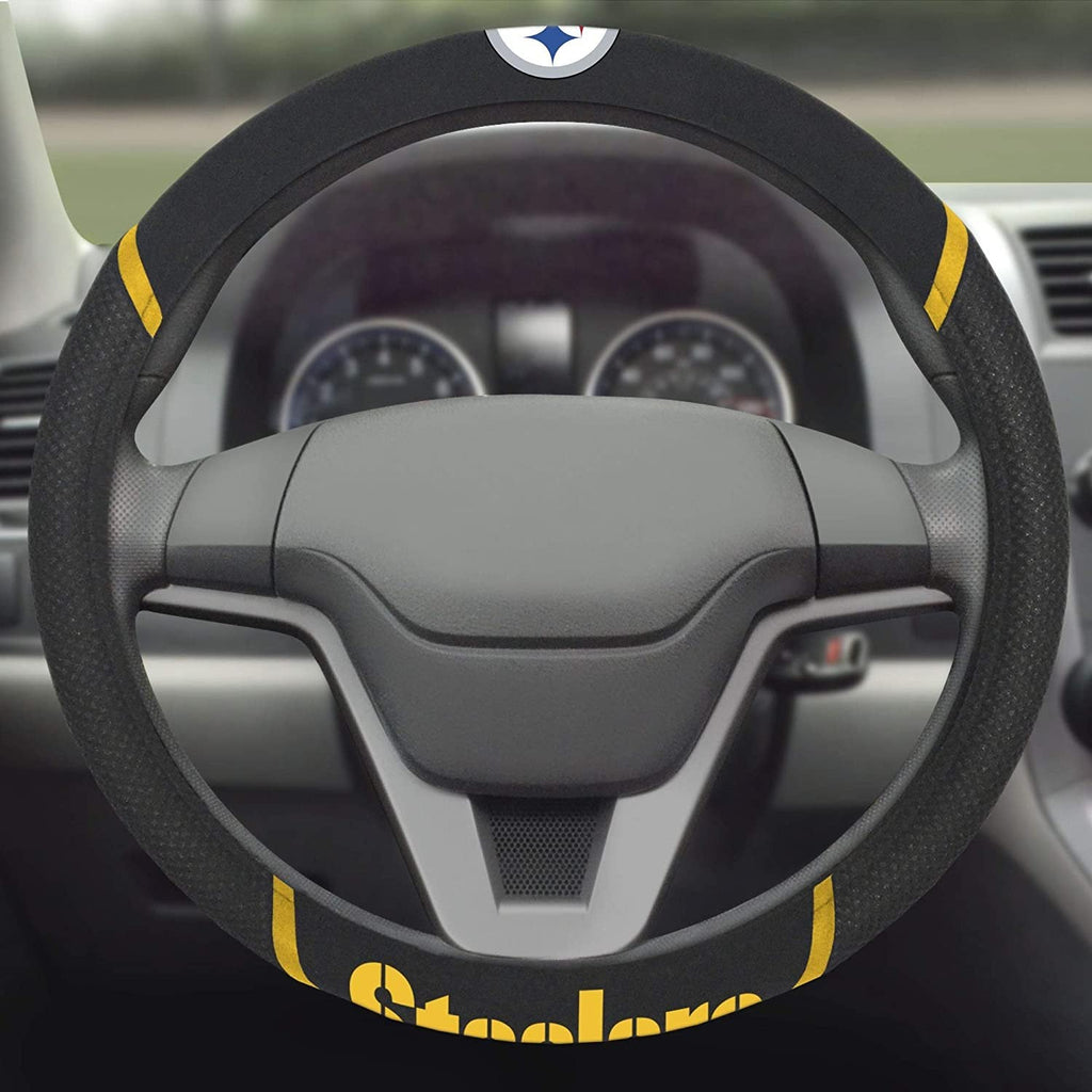Pittsburgh Steelers Steering Wheel Cover Premium Embroidered Black 15 Inch