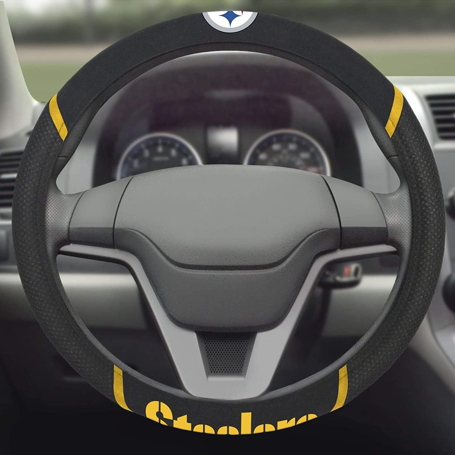 Pittsburgh Steelers Steering Wheel Cover Premium Embroidered Black 15 Inch