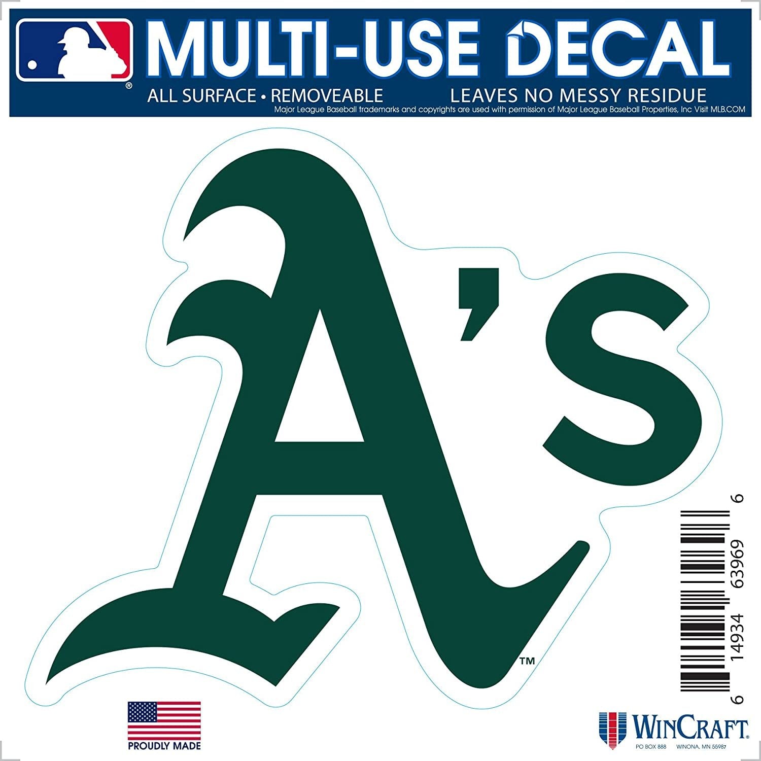 Oakland Athletics A's 6 Inch Decal Sticker, Flat Vinyl, Die Cut, Primary Design, Full Adhesive Backing