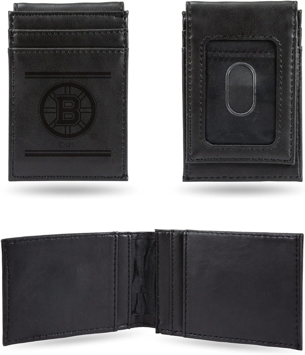 Boston Bruins Premium Black Leather Wallet, Front Pocket Magnetic Money Clip, Laser Engraved, Vegan