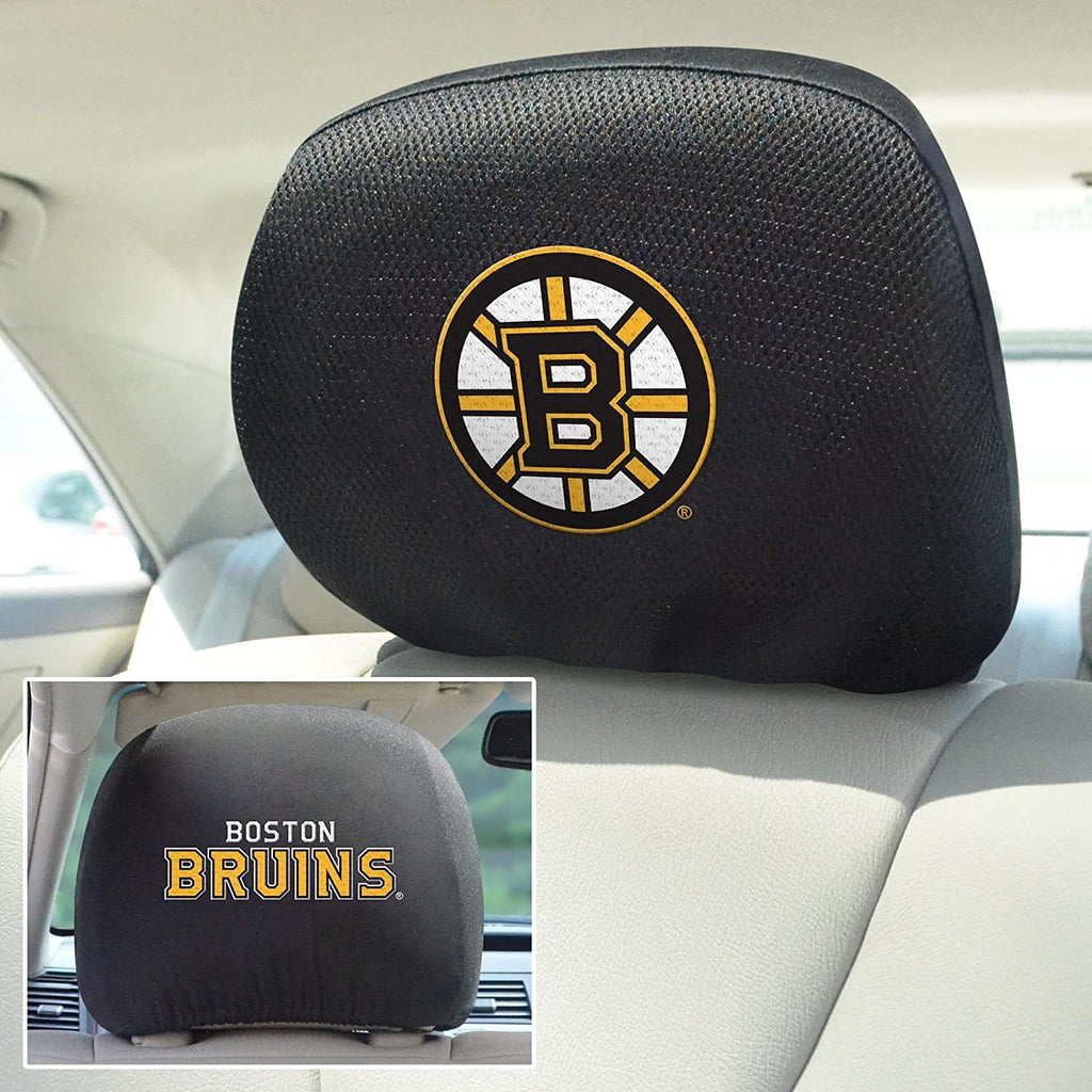 Boston Bruins Pair of Premium Auto Head Rest Covers, Embroidered, Black Elastic, 14x10 Inch