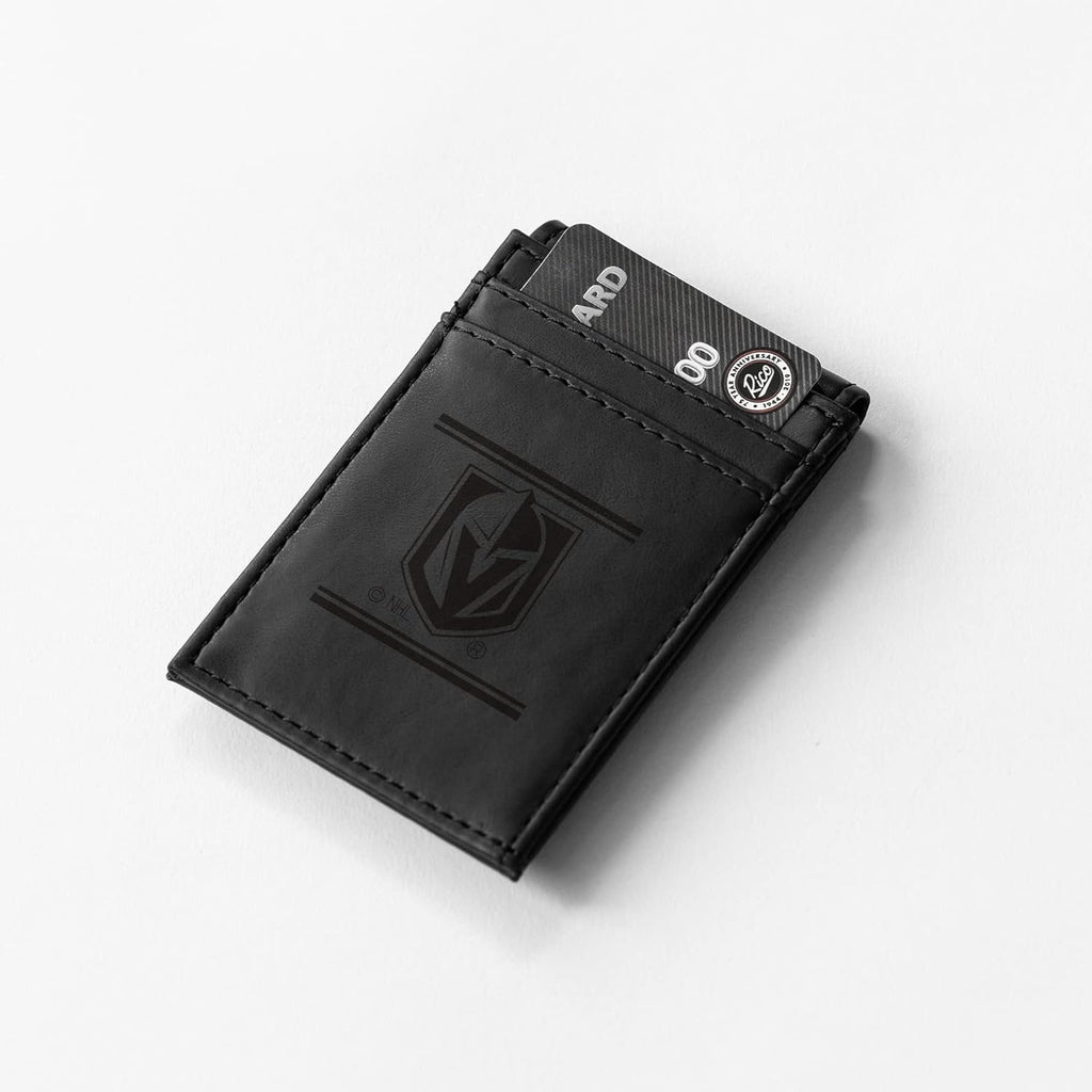 Vegas Golden Knights Premium Black Leather Wallet, Front Pocket Magnetic Money Clip, Laser Engraved, Vegan