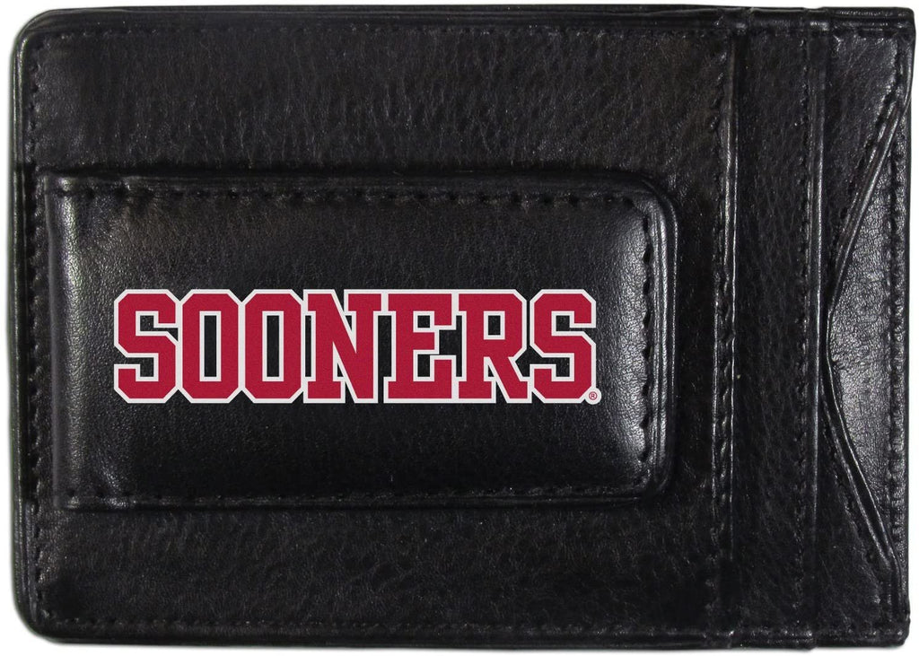 University of Oklahoma Sooners Black Leather Wallet, Front Pocket Magnetic Money Clip, Printed Logo