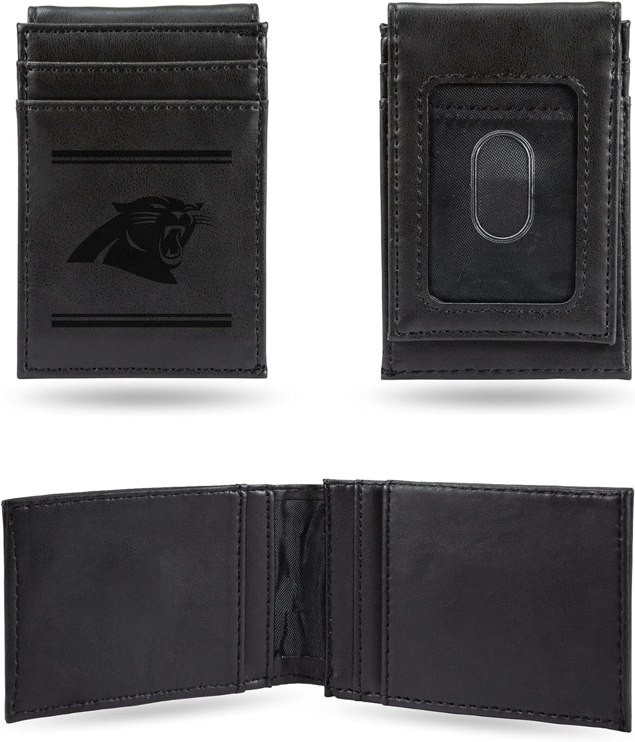Carolina Panthers Premium Black Leather Wallet, Front Pocket Magnetic Money Clip, Laser Engraved, Vegan
