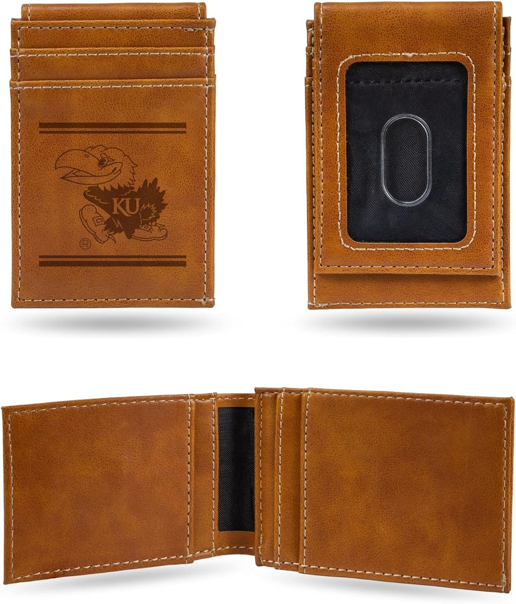 NCAA University of Kansas Jayhawks Men’s Front ID Pocket Brown Wallet- Premium 8 Pocket Laser-Engraved Team Logo on Vegan Leather- Minimalist Design, Credit Card Holder- Ideal for Travel or Men’s Gift