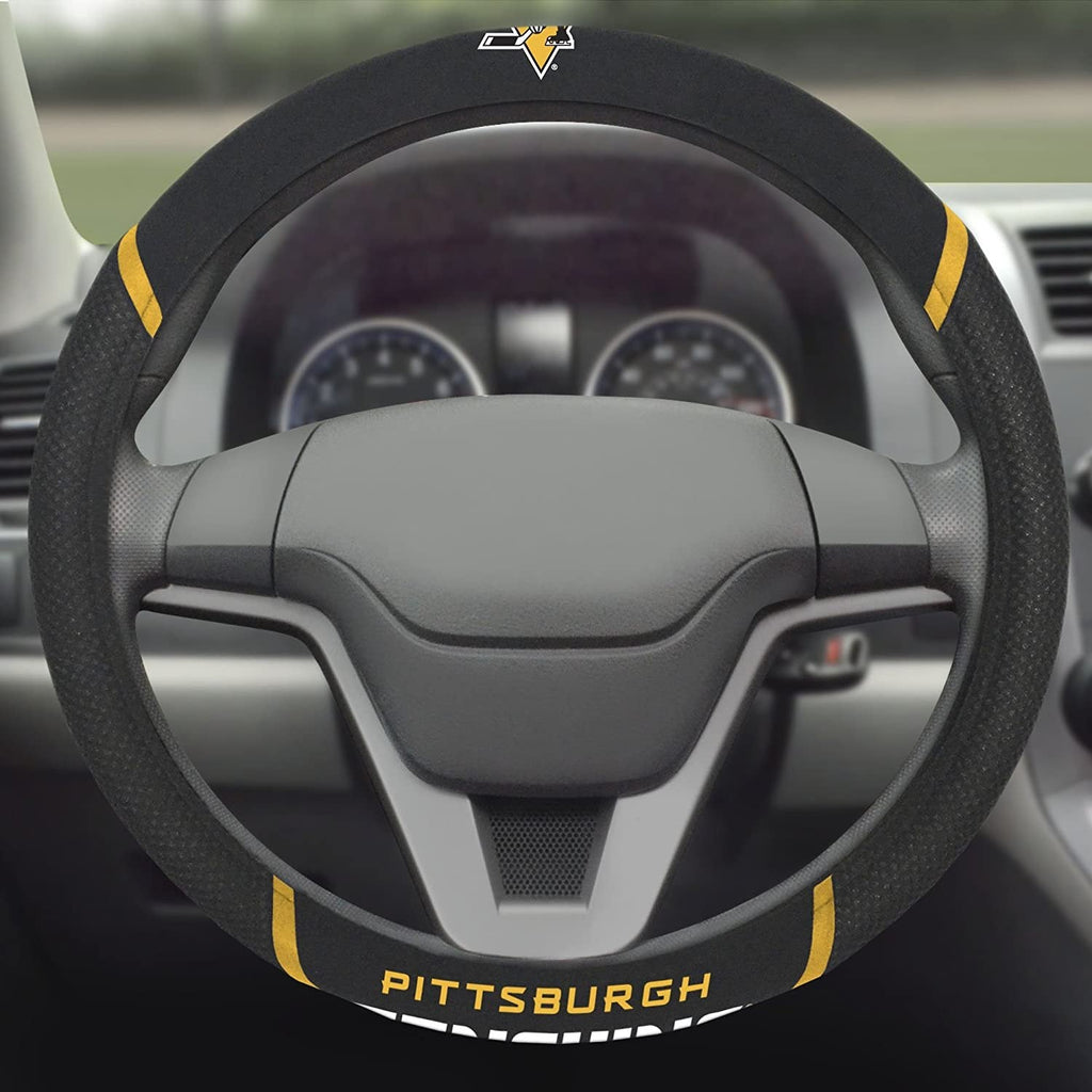 Pittsburgh Penguins Steering Wheel Cover Premium Embroidered Black 15 Inch