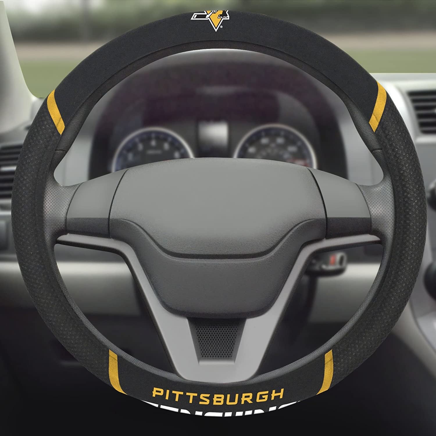 Pittsburgh Penguins Steering Wheel Cover Premium Embroidered Black 15 Inch