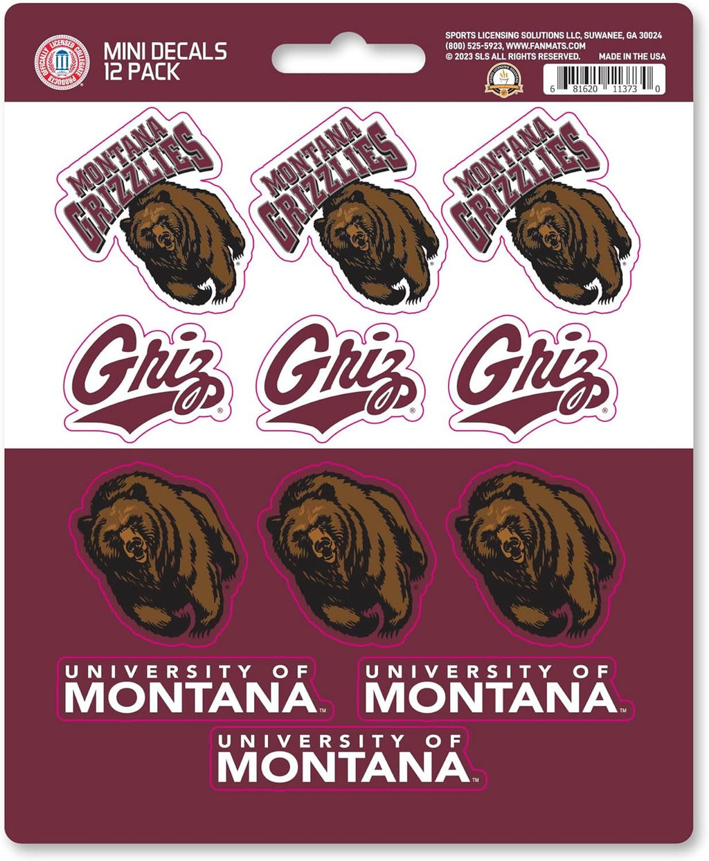 University of Montana Grizzlies 12-Piece Mini Decal Sticker Set, 5x6 Inch Sheet, Gift for football fans for any hard surfaces around home, automotive, personal items