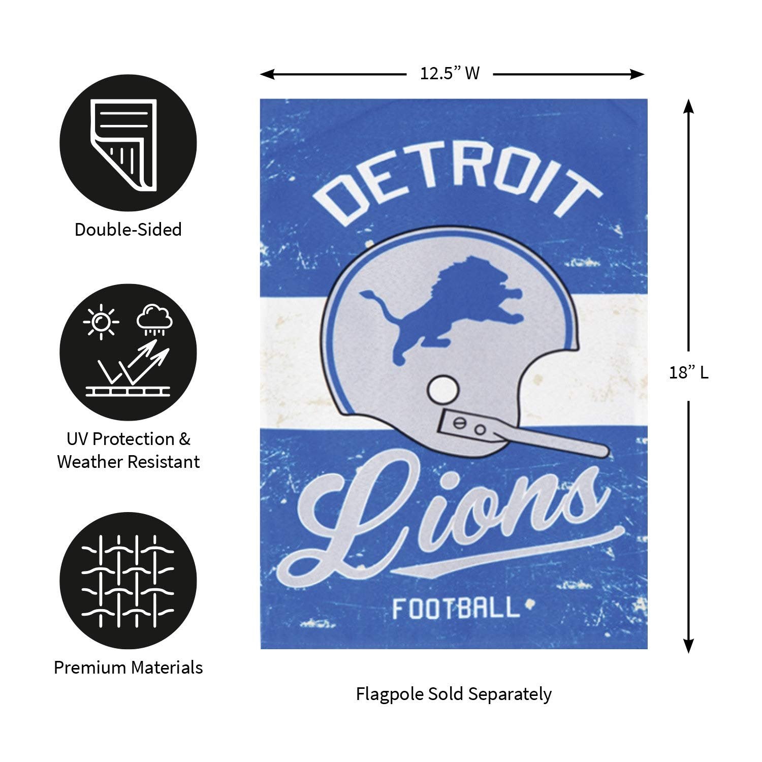 Detroit Lions Premium Double Sided Garden Flag Banner, Vintage Design, Linen, 13x18 Inch, Outdoor, Display Pole Sold Separately