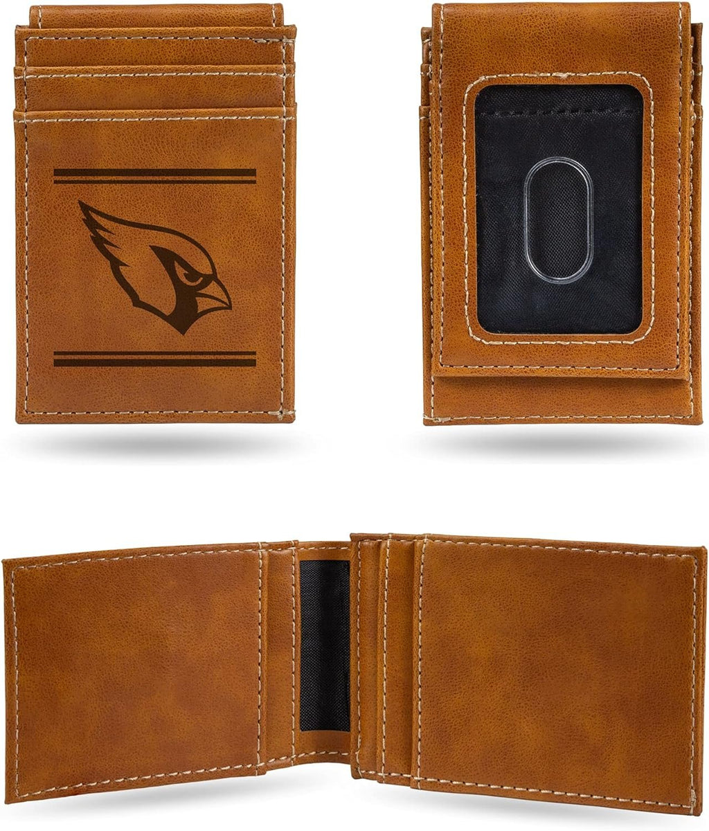 Rico Industries NFL Arizona Cardinals Premium Laser Engraved Vegan Brown Leather Front Pocket Wallet - Compact and Slim yet Sturdy Design - Perfect to Show Your Team Pride or Gift