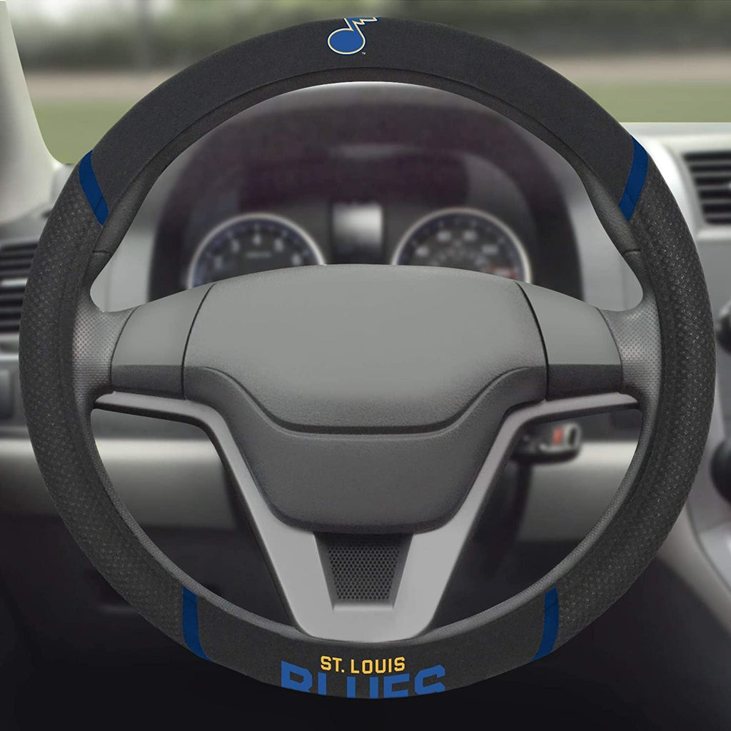 St Louis Blues Steering Wheel Cover Premium Embroidered Black 15 Inch