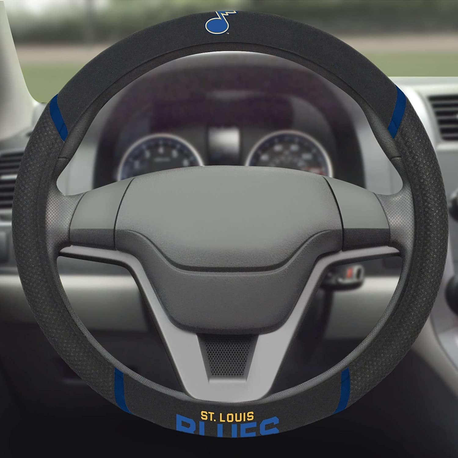 St Louis Blues Steering Wheel Cover Premium Embroidered Black 15 Inch