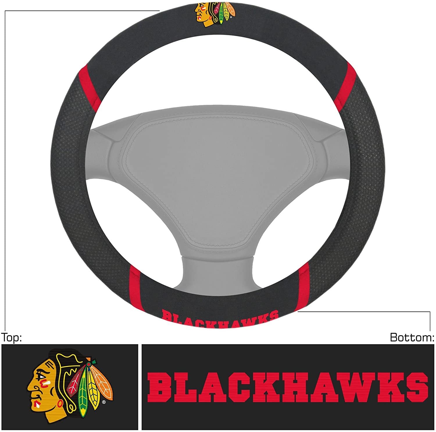 Chicago Blackhawks Steering Wheel Cover Premium Embroidered Black 15 Inch