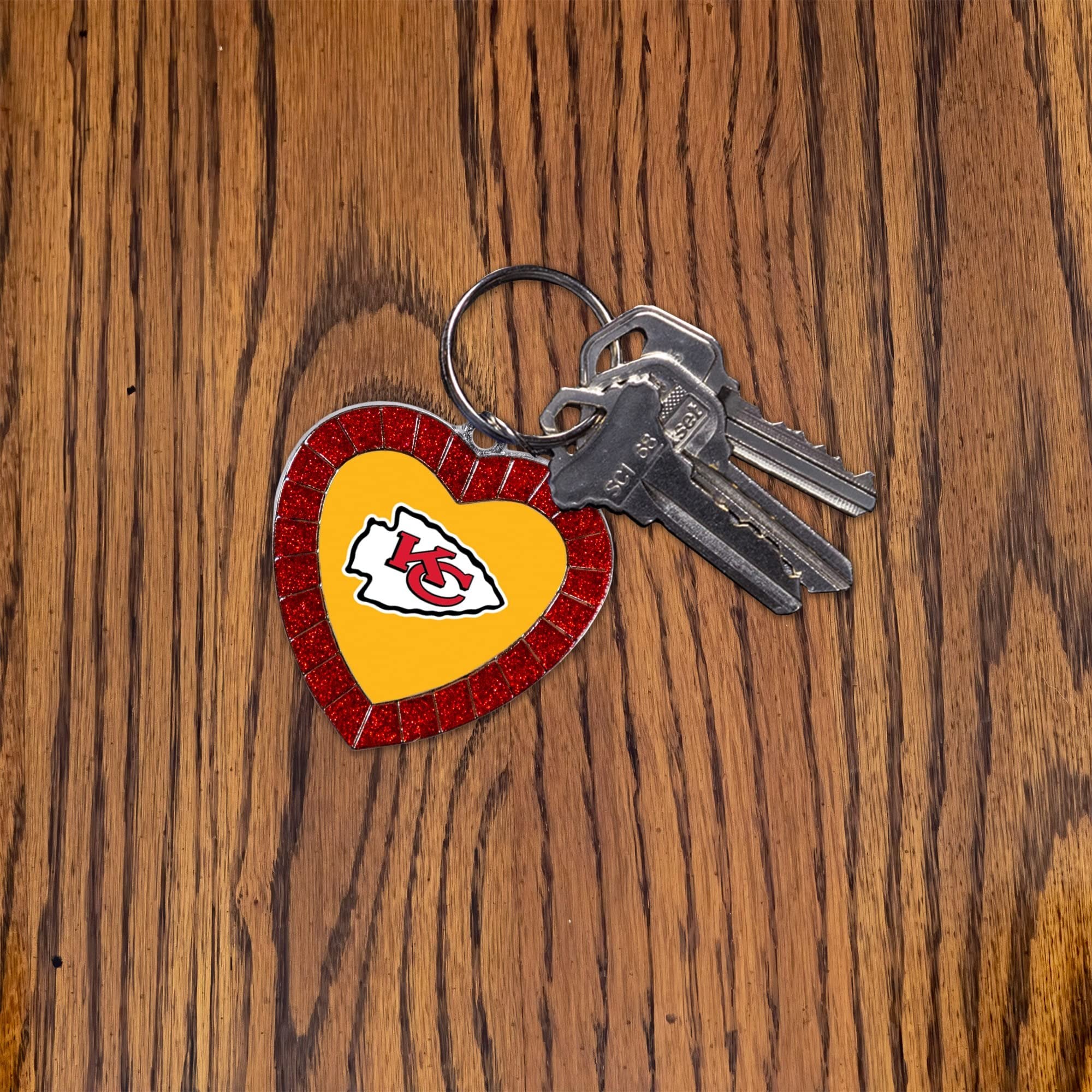 Arizona Cardinals Metal Keychain, Team Color Rhinestone Heart, 3 Inches