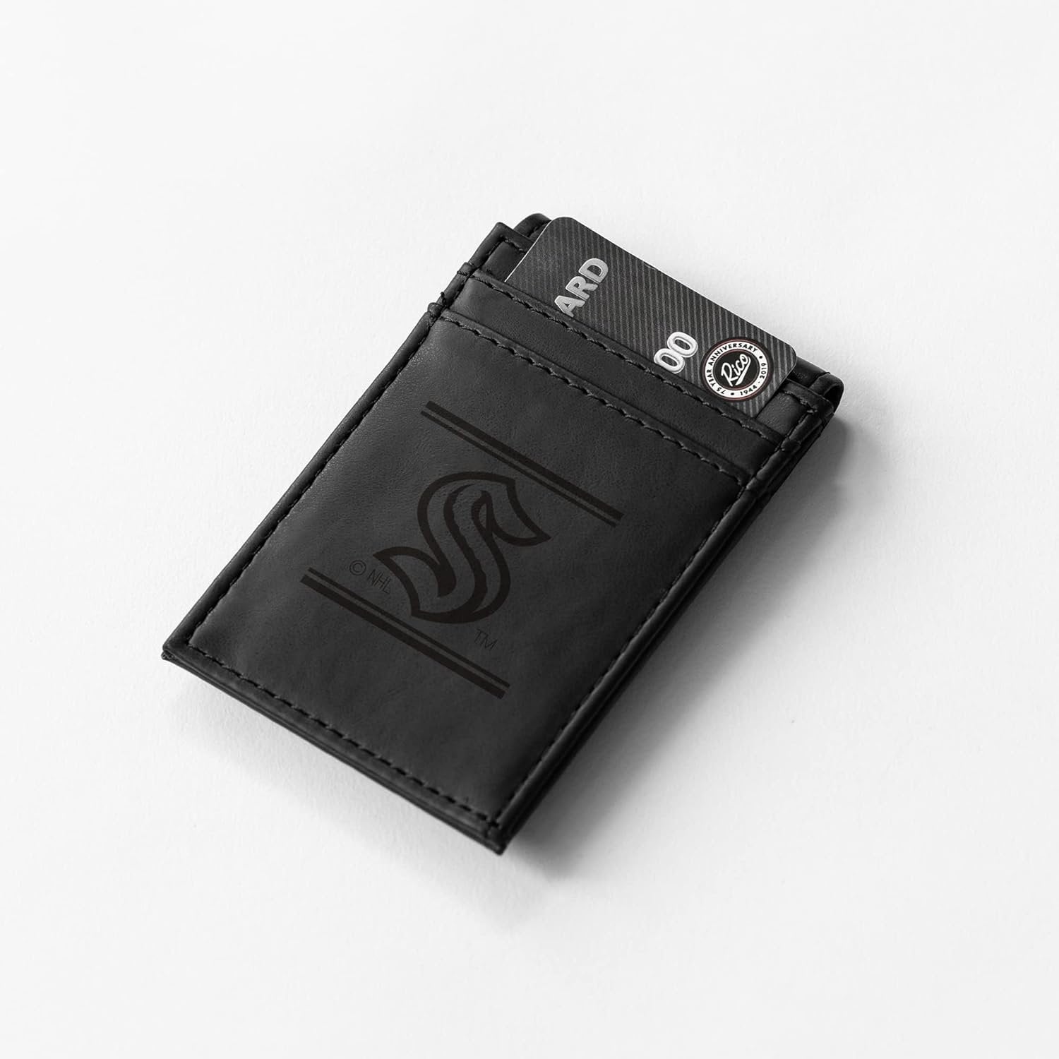 Seattle Kraken Premium Black Leather Wallet, Front Pocket Magnetic Money Clip, Laser Engraved, Vegan