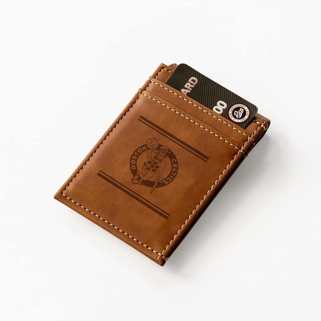 Rico Industries NBA Boston Celtics Premium Laser Engraved Vegan Brown Leather Front Pocket Wallet - Compact and Slim yet Sturdy Design - Perfect to Show Your Team Pride or Gift