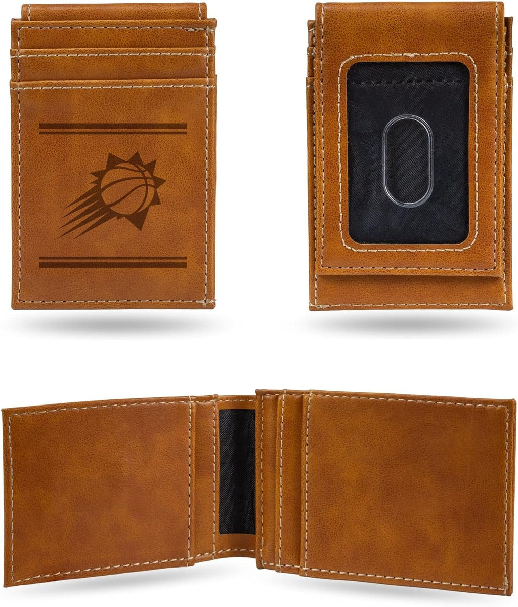 Rico Industries NBA Phoenix Suns Premium Laser Engraved Vegan Brown Leather Front Pocket Wallet - Compact and Slim yet Sturdy Design - Perfect to Show Your Team Pride or Gift