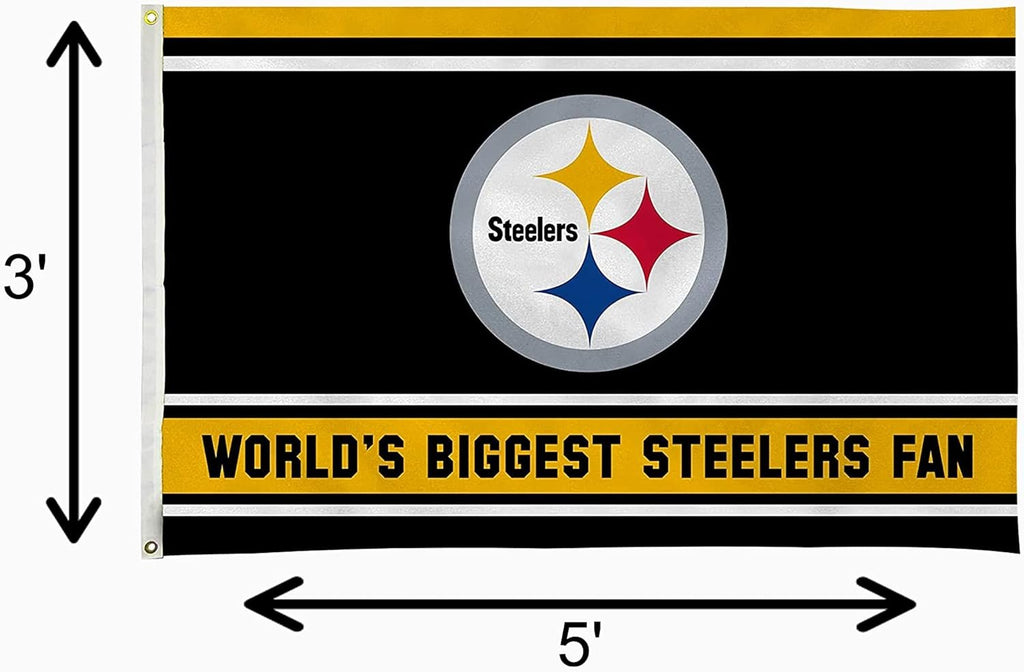 Pittsburgh Steelers 3x5 Feet Flag Banner, World's Biggest Fan, Metal Grommets, Single Sided, Indoor or Outdoor Use