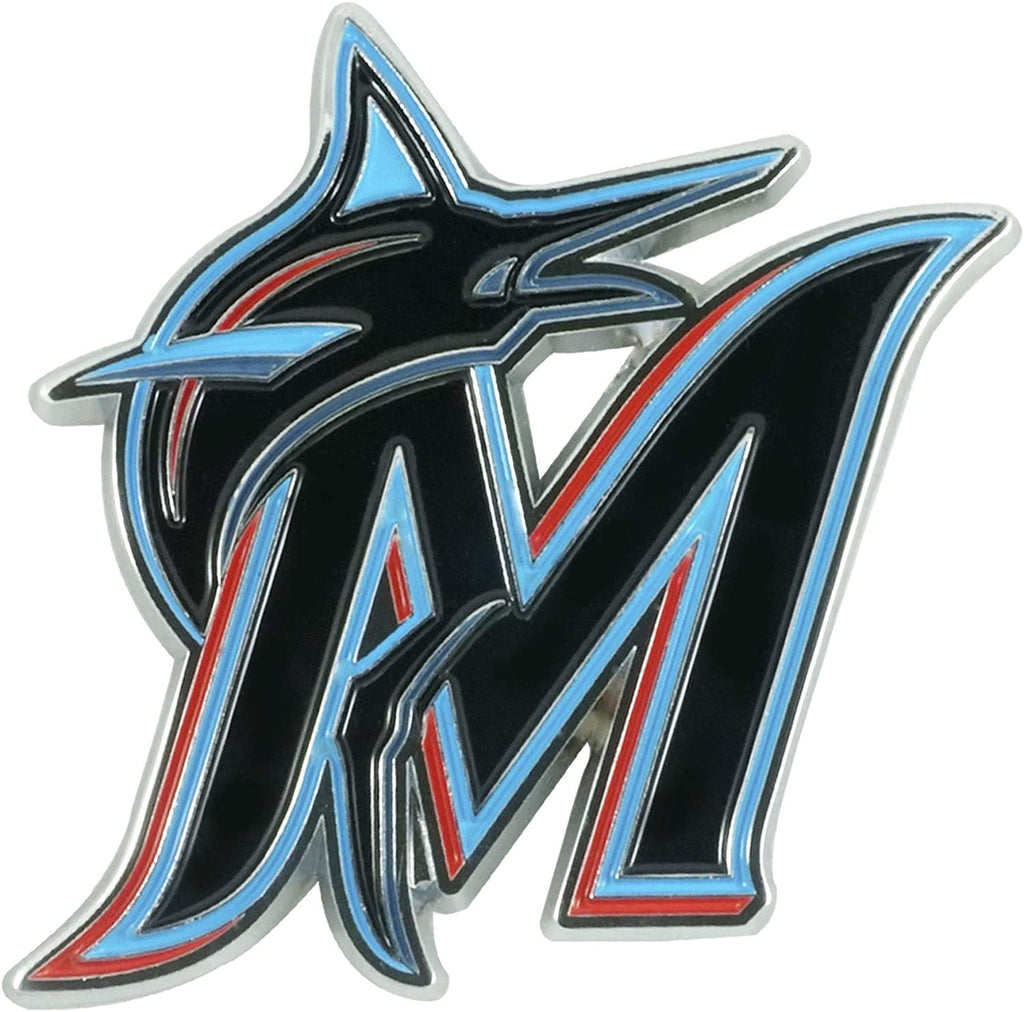 Miami Marlins Premium Solid Metal Raised Auto Emblem, Team Color, Shape Cut, Adhesive Backing