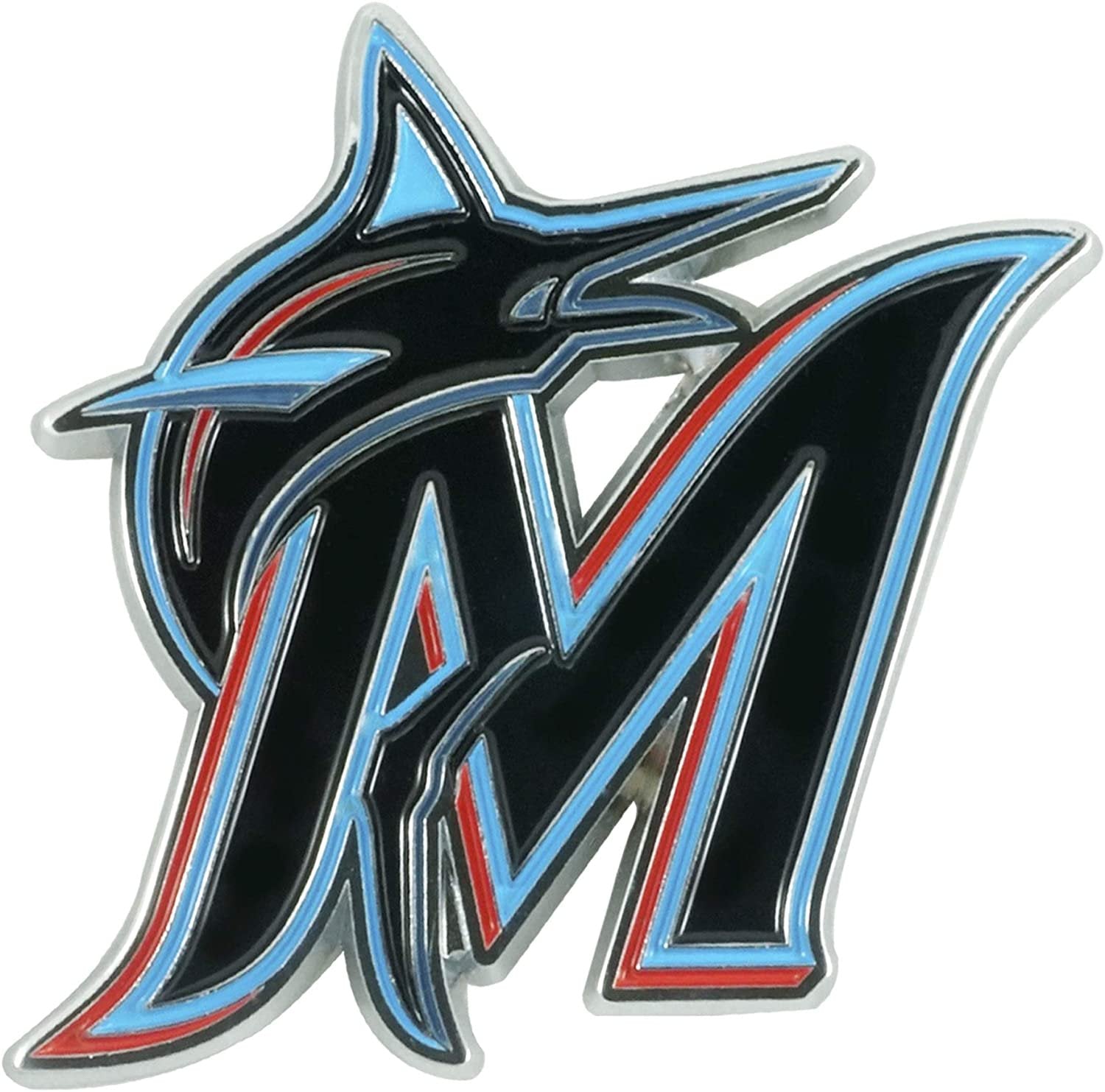 Miami Marlins Premium Solid Metal Raised Auto Emblem, Team Color, Shape Cut, Adhesive Backing