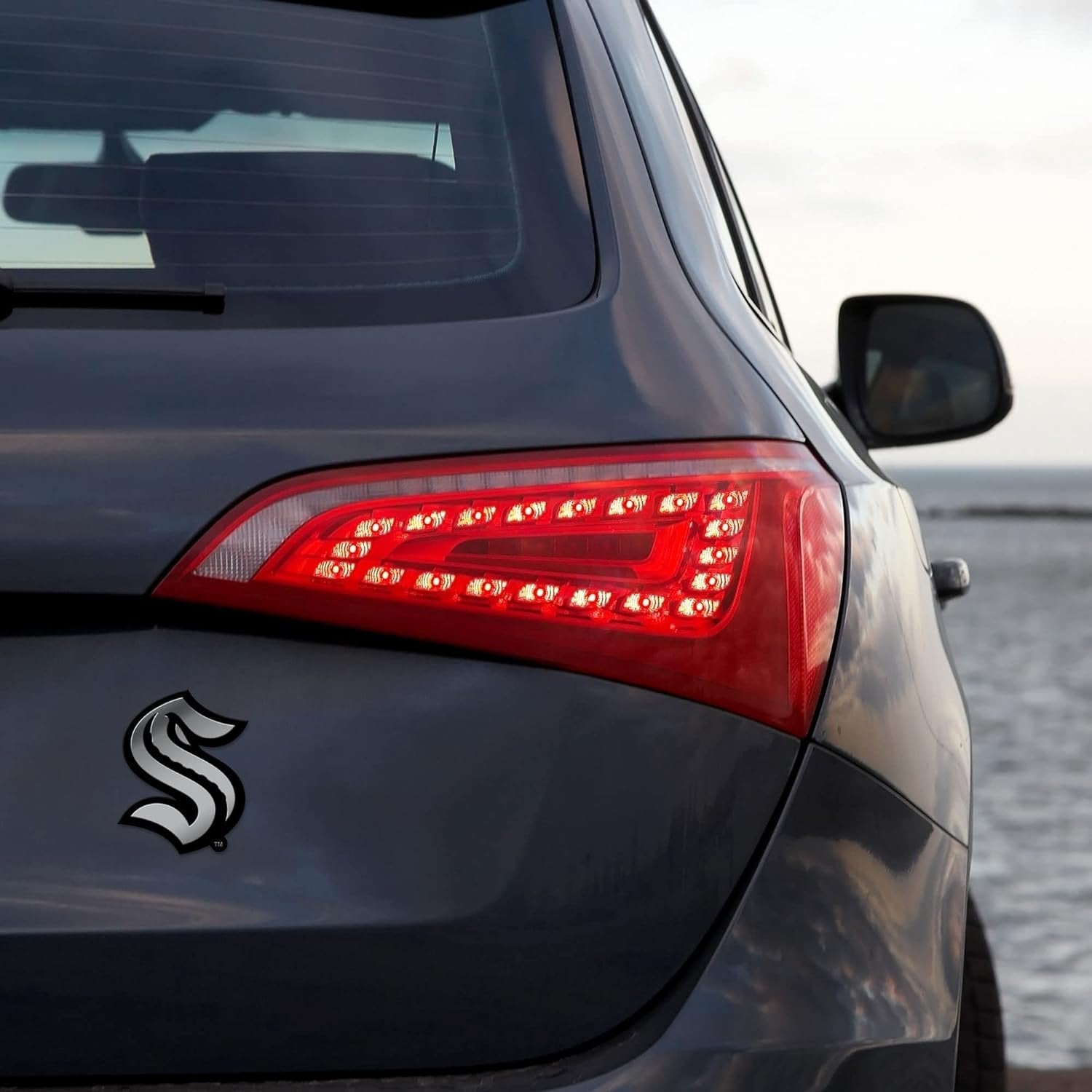 Seattle Kraken Auto Emblem, Silver Chrome Color, Raised Molded Plastic, 3.5 Inch, Adhesive Tape Backing