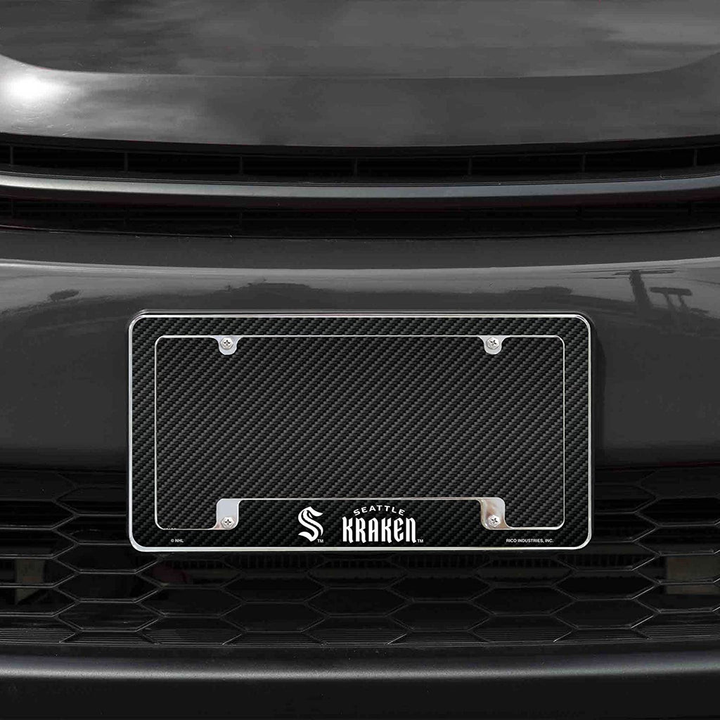Seattle Kraken Metal License Plate Frame Chrome Tag Cover Carbon Fiber Design 6x12 Inch