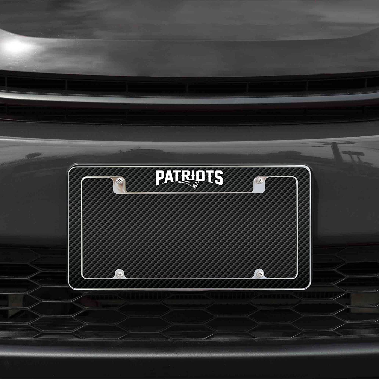 New England Patriots Metal License Plate Frame Chrome Tag Cover Carbon Fiber Design 6x12 Inch