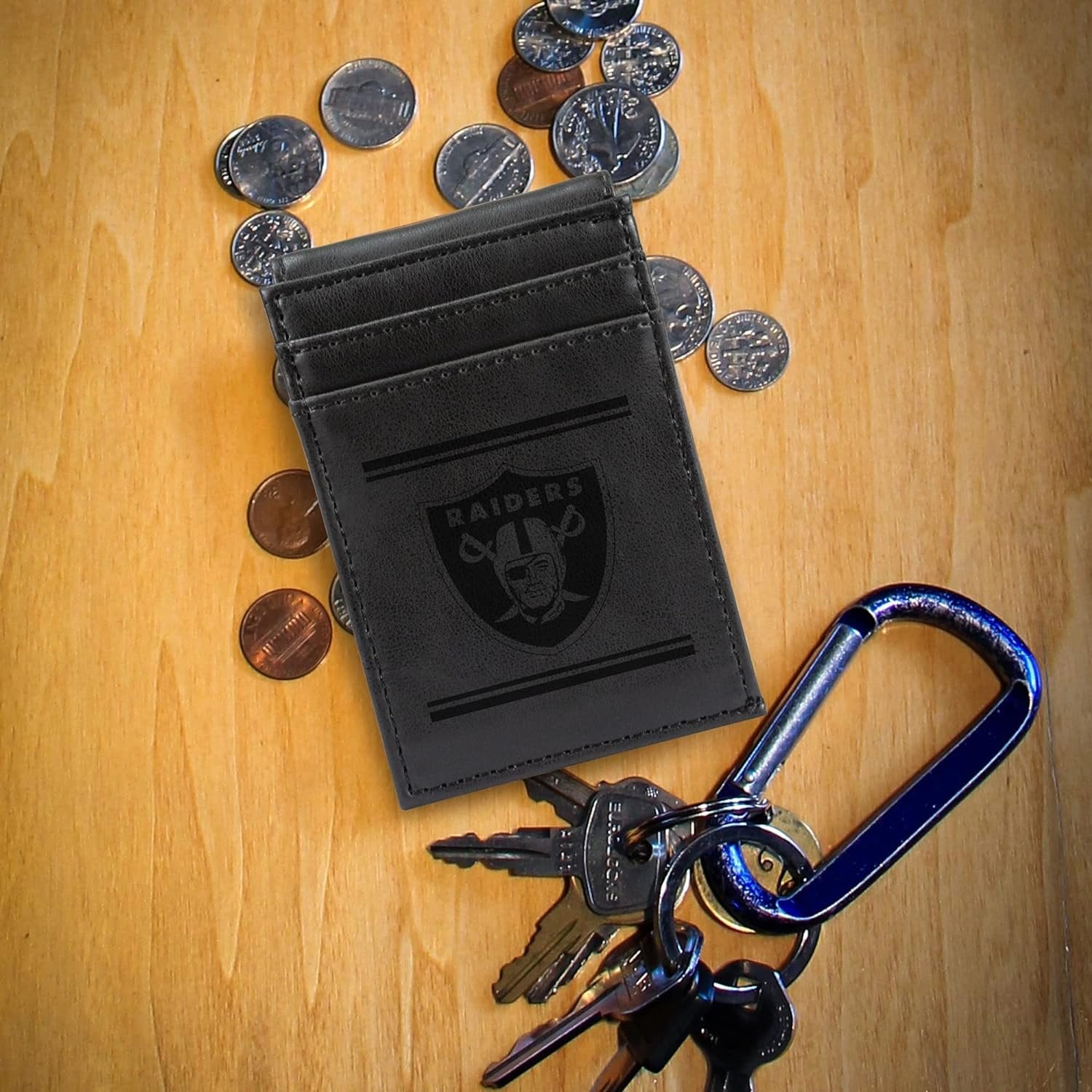 Las Vegas Raiders Premium Black Leather Wallet, Front Pocket Magnetic Money Clip, Laser Engraved, Vegan
