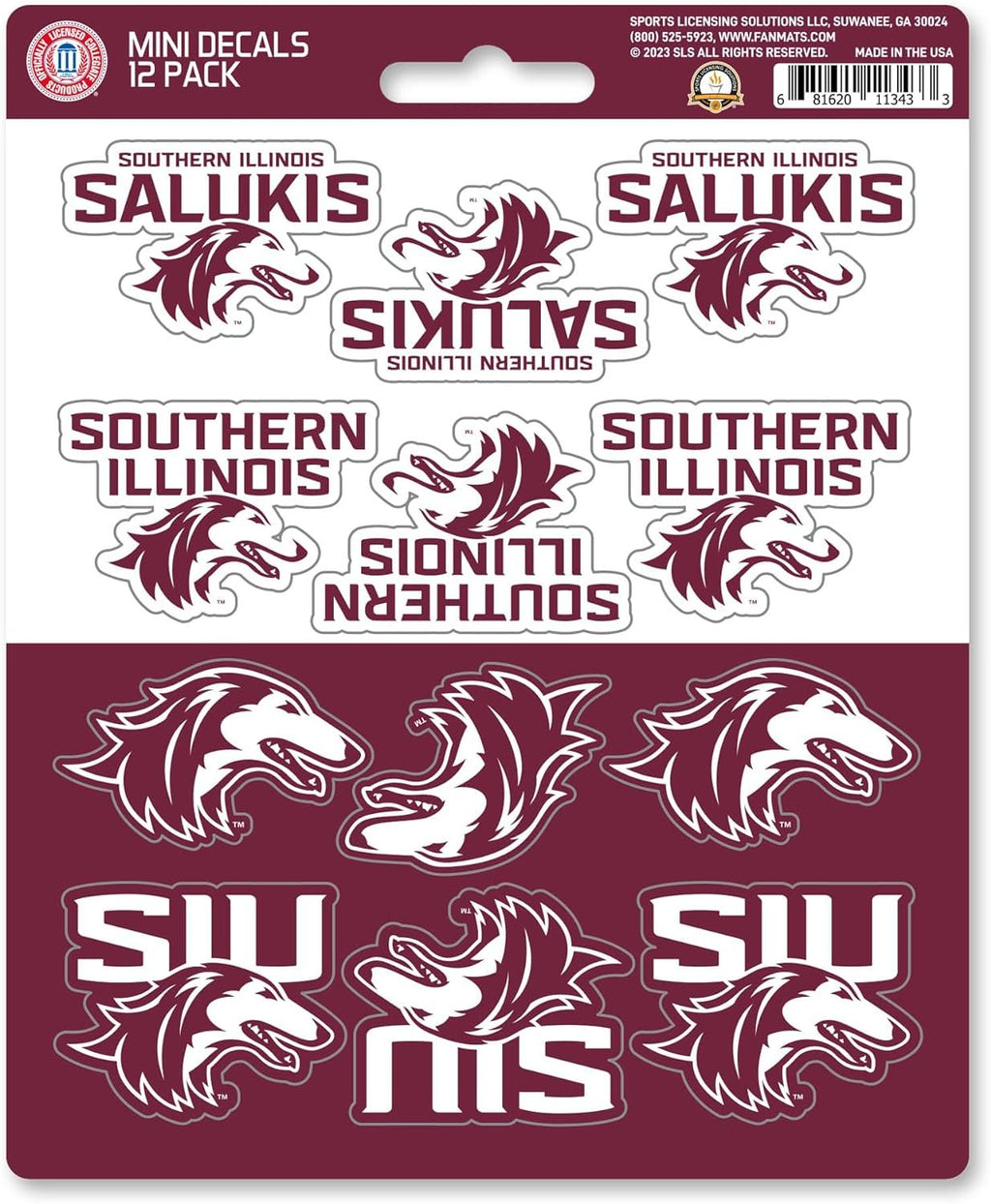 Southern Illinois University Salukis 12-Piece Mini Decal Sticker Set, 5x6 Inch Sheet, Gift for football fans for any hard surfaces around home, automotive, personal items