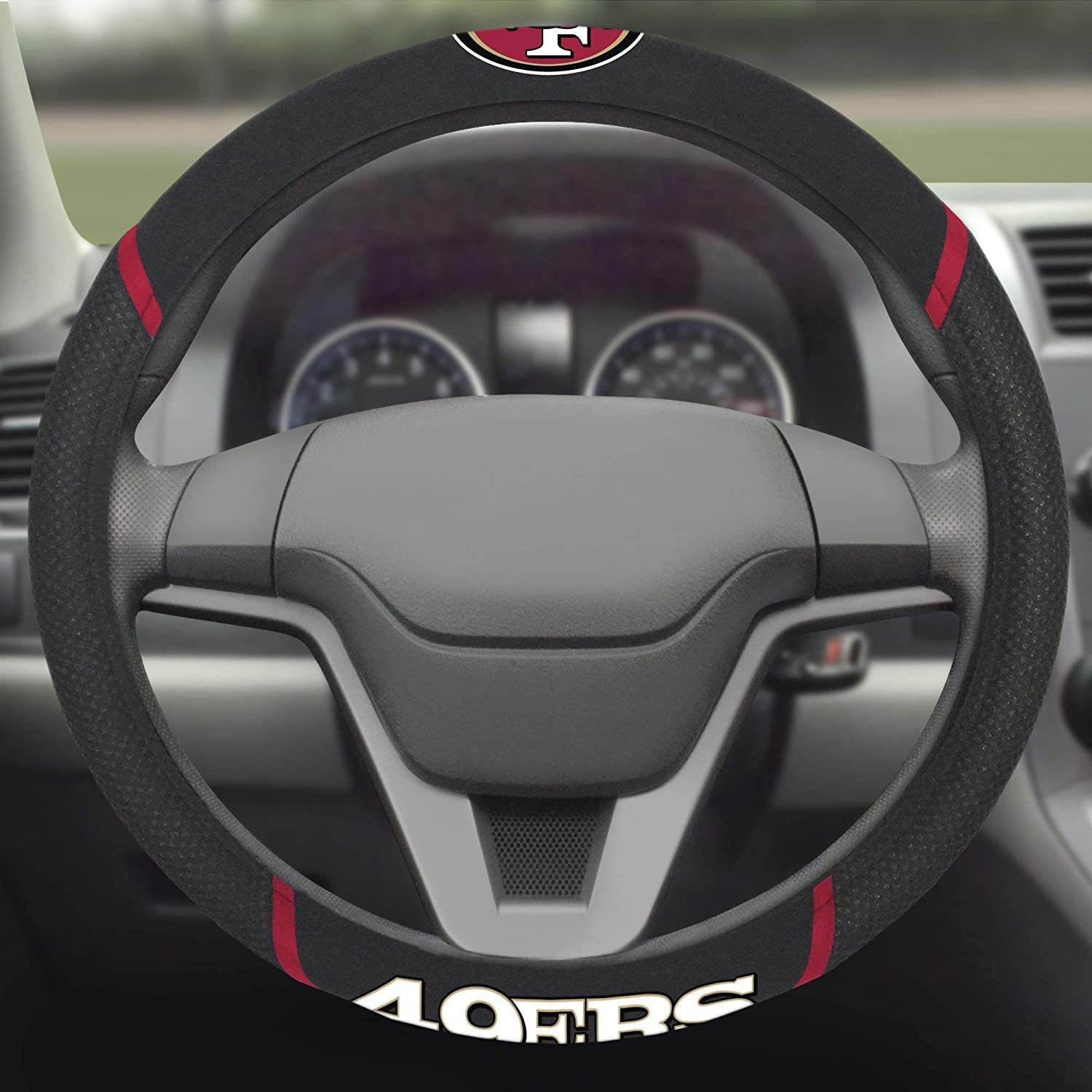 FANMATS - 15042 NFL San Francisco 49ers Embroidered Steering Wheel Cover, Black, Universal 15" Diameter