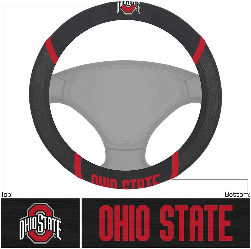 Ohio State Buckeyes Steering Wheel Cover Premium Embroidered Black 15 Inch University