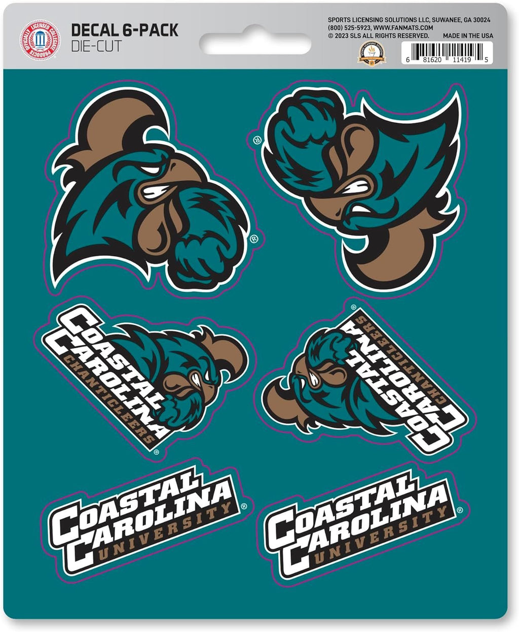 Coastal Carolina University Chanticleers 6-Piece Decal Sticker Set, 5x6 Inch Sheet, Gift for football fans for any hard surfaces around home, automotive, personal items