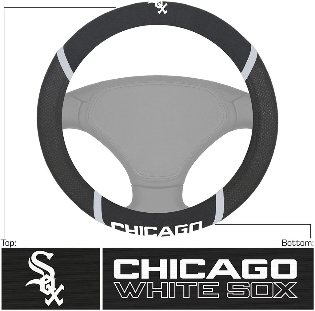Chicago White Sox Steering Wheel Cover Premium Embroidered Black 15 Inch