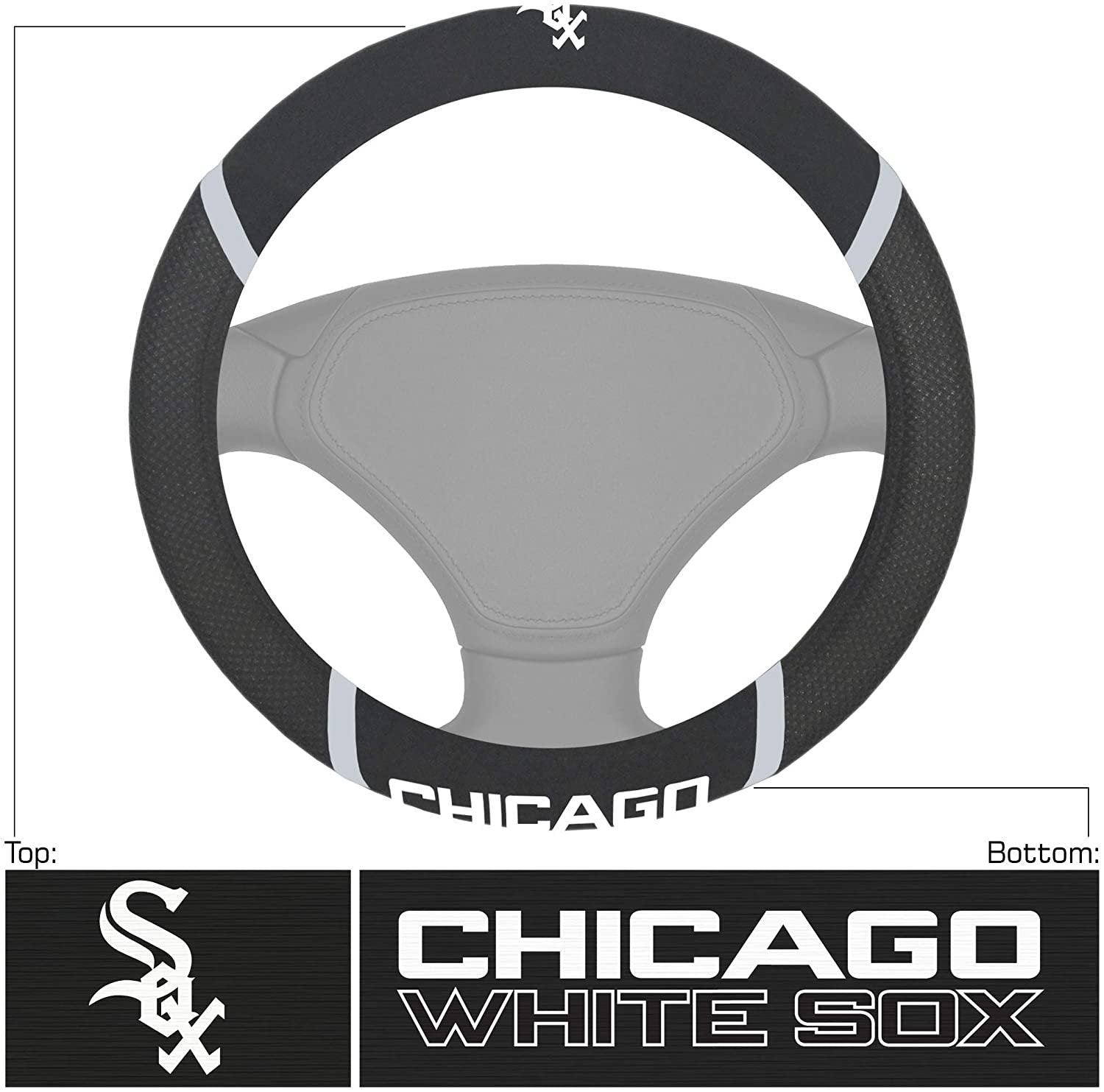 Chicago White Sox Steering Wheel Cover Premium Embroidered Black 15 Inch