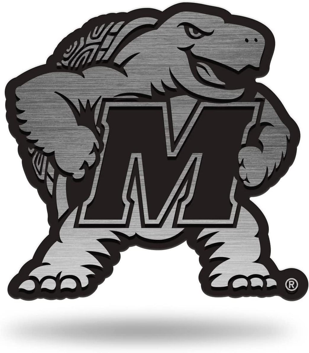 University of Maryland Terrapins Premium Solid Metal Raised Auto Emblem, Antique Nickel Finish, Shape Cut, Adhesive Backing