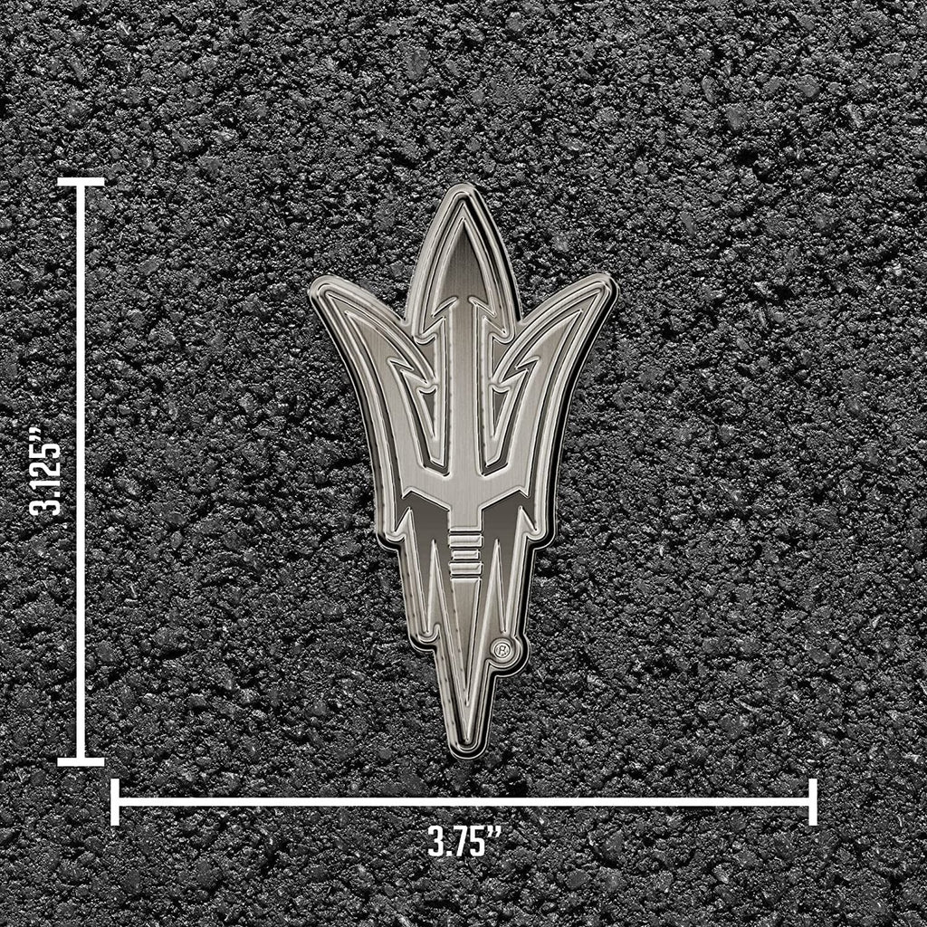 Arizona State University Sun Devils Premium Solid Metal Raised Auto Emblem, Antique Nickel Finish, Shape Cut, Adhesive Backing