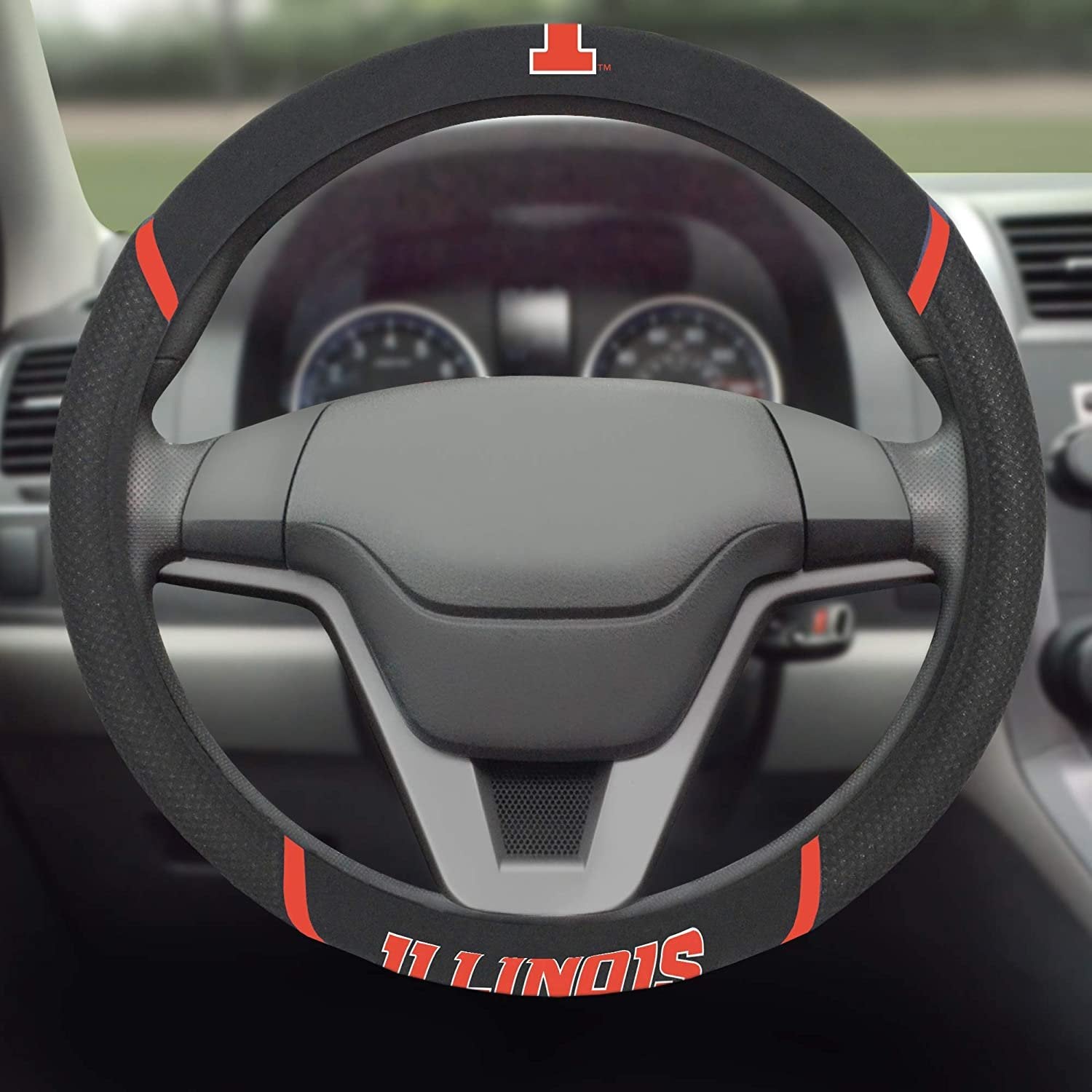 Illinois Illini Premium Black Embroidered 15 Inch Steering Wheel Cover University of