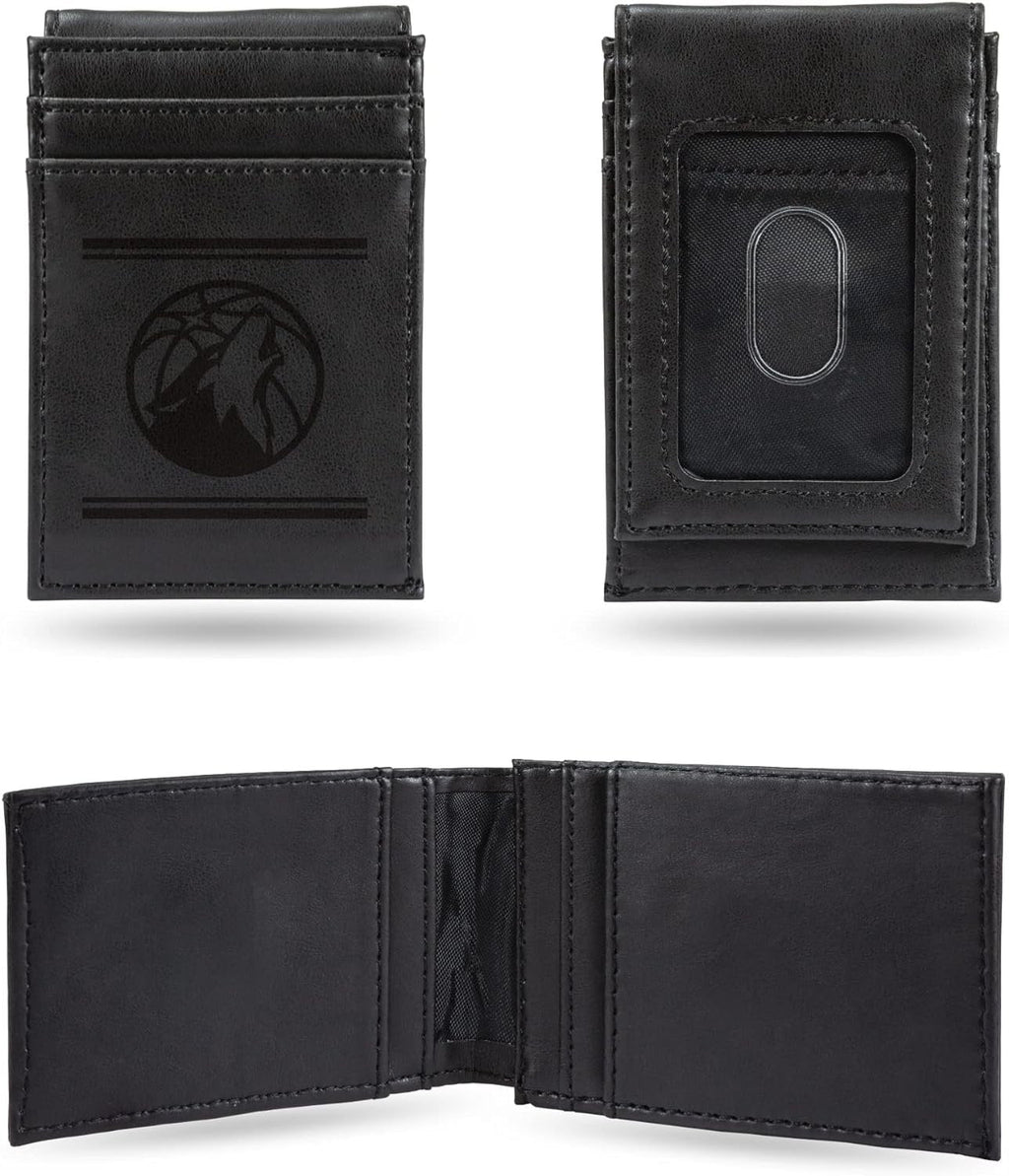 Minnesota Timberwolves Premium Black Leather Wallet, Front Pocket Magnetic Money Clip, Laser Engraved, Vegan