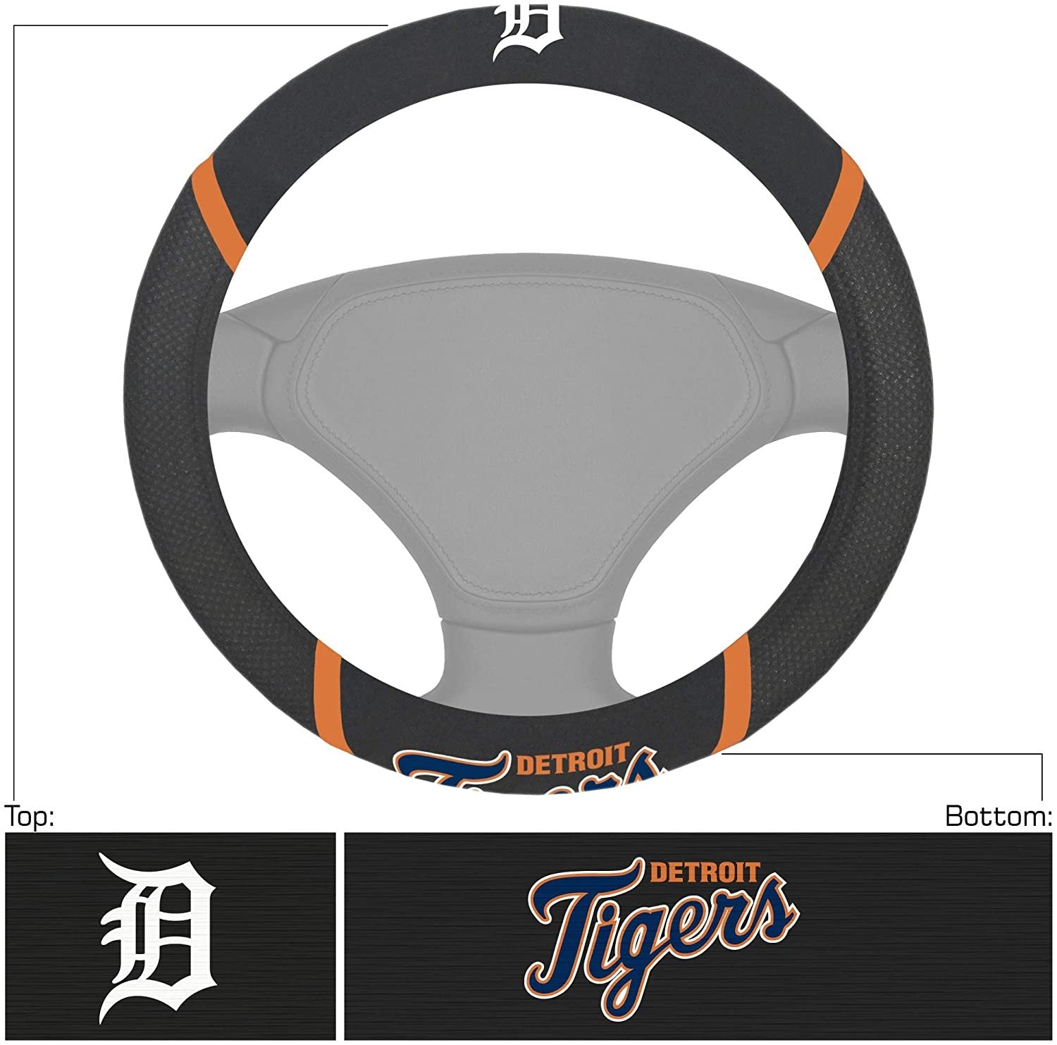 Detroit Tigers Steering Wheel Cover Premium Embroidered Black 15 Inch