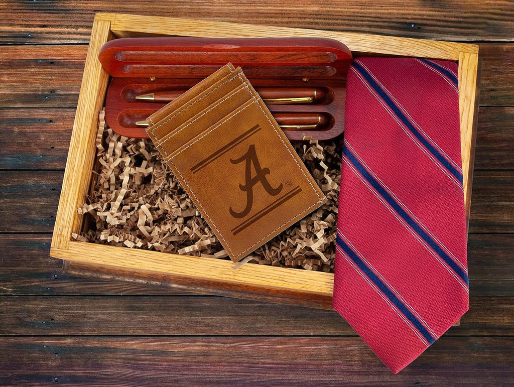 NCAA Alabama Crimson Tide Men’s Front ID Pocket Brown Wallet- Premium 8 Pocket Laser-Engraved Team Logo on Vegan Leather- Minimalist Design, Credit Card Holder- Ideal for Travel or Men’s Gift