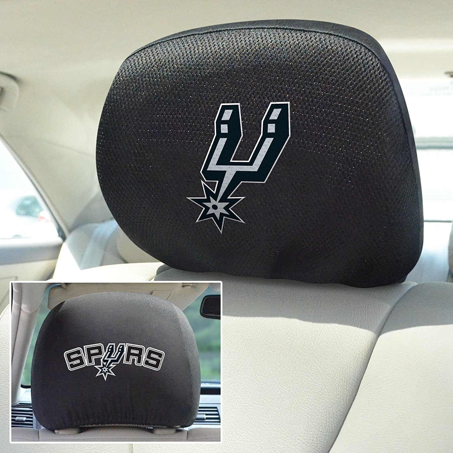 San Antonio Spurs Pair of Premium Auto Head Rest Covers, Embroidered, Black Elastic, 14x10 Inch