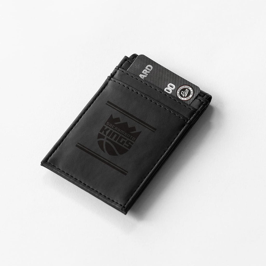 Sacramento Kings Premium Black Leather Wallet, Front Pocket Magnetic Money Clip, Laser Engraved, Vegan
