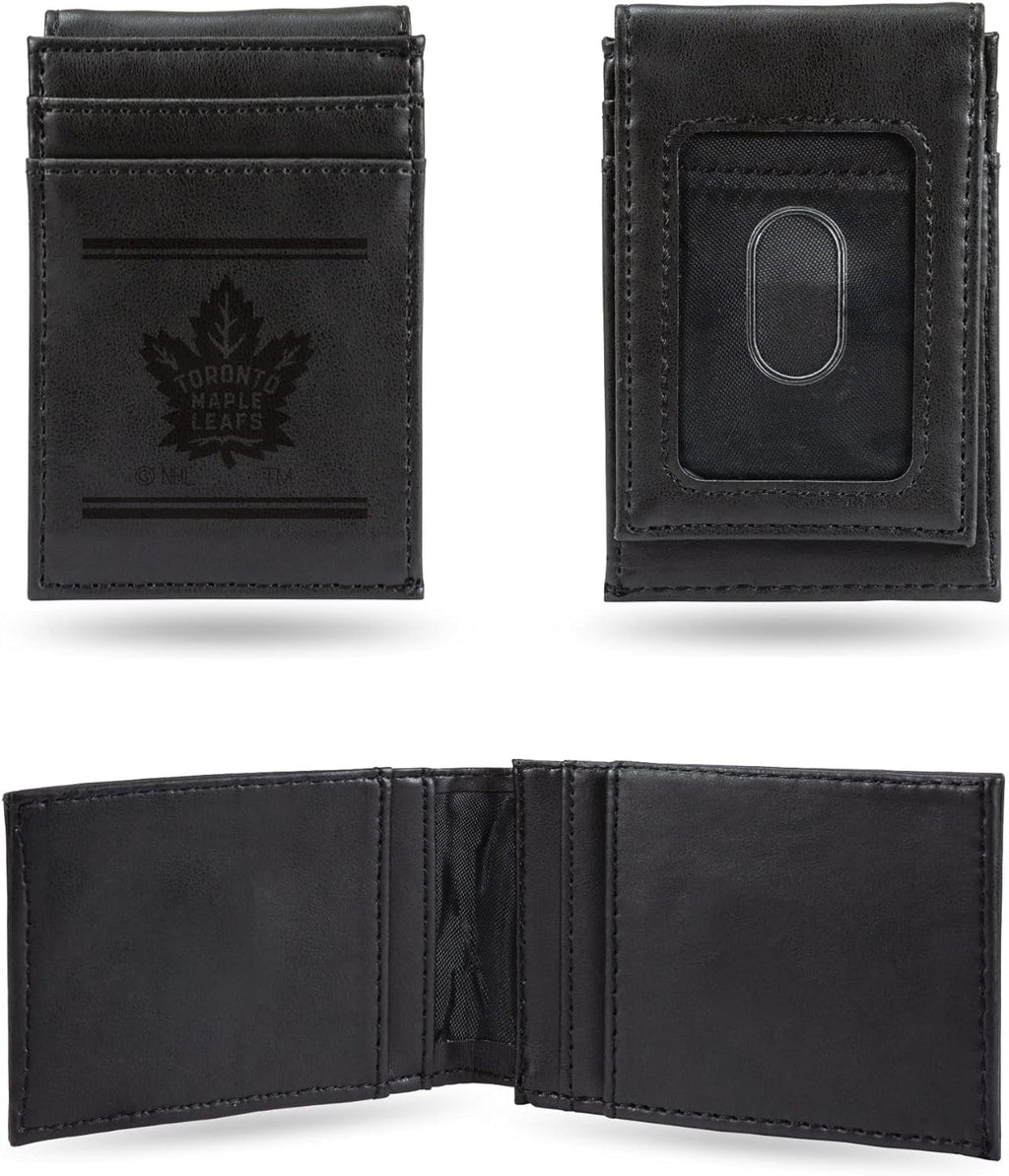 Toronto Maple Leafs Premium Black Leather Wallet, Front Pocket Magnetic Money Clip, Laser Engraved, Vegan
