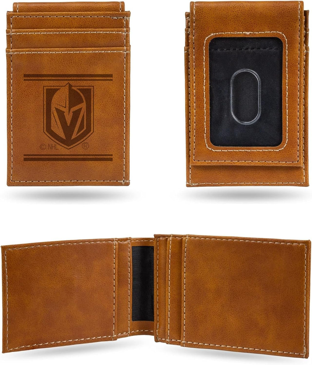 Rico Industries NHL Vegas Golden Knights Premium Laser Engraved Vegan Brown Leather Front Pocket Wallet - Compact and Slim yet Sturdy Design - Perfect to Show Your Team Pride or Gift