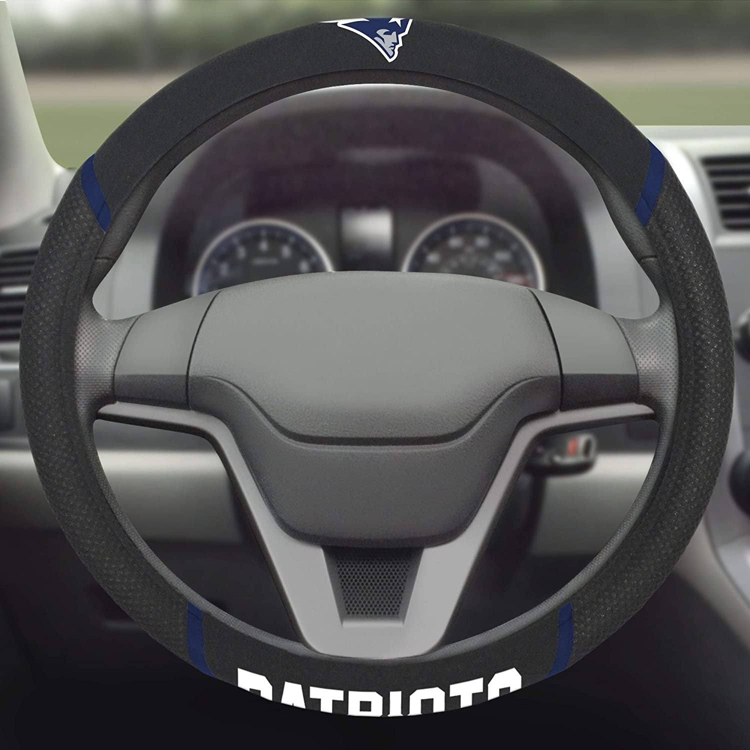 New England Patriots Premium 15 Inch Black Emroidered Steering Wheel Cover
