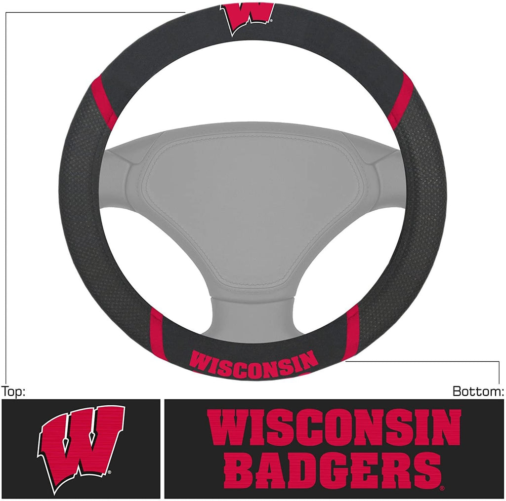 Wisconsin Badgers Premium 15 Inch Black Emroidered Steering Wheel Cover University of