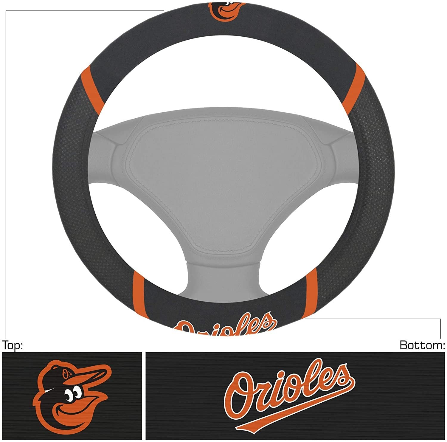 Baltimore Orioles Steering Wheel Cover Premium Embroidered Black 15 Inch