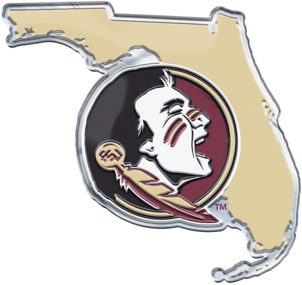 Florida State University Seminoles Team State Design Auto Emblem, Aluminum Metal, Embossed Team Color, Raised Decal Sticker, Full Adhesive Backing