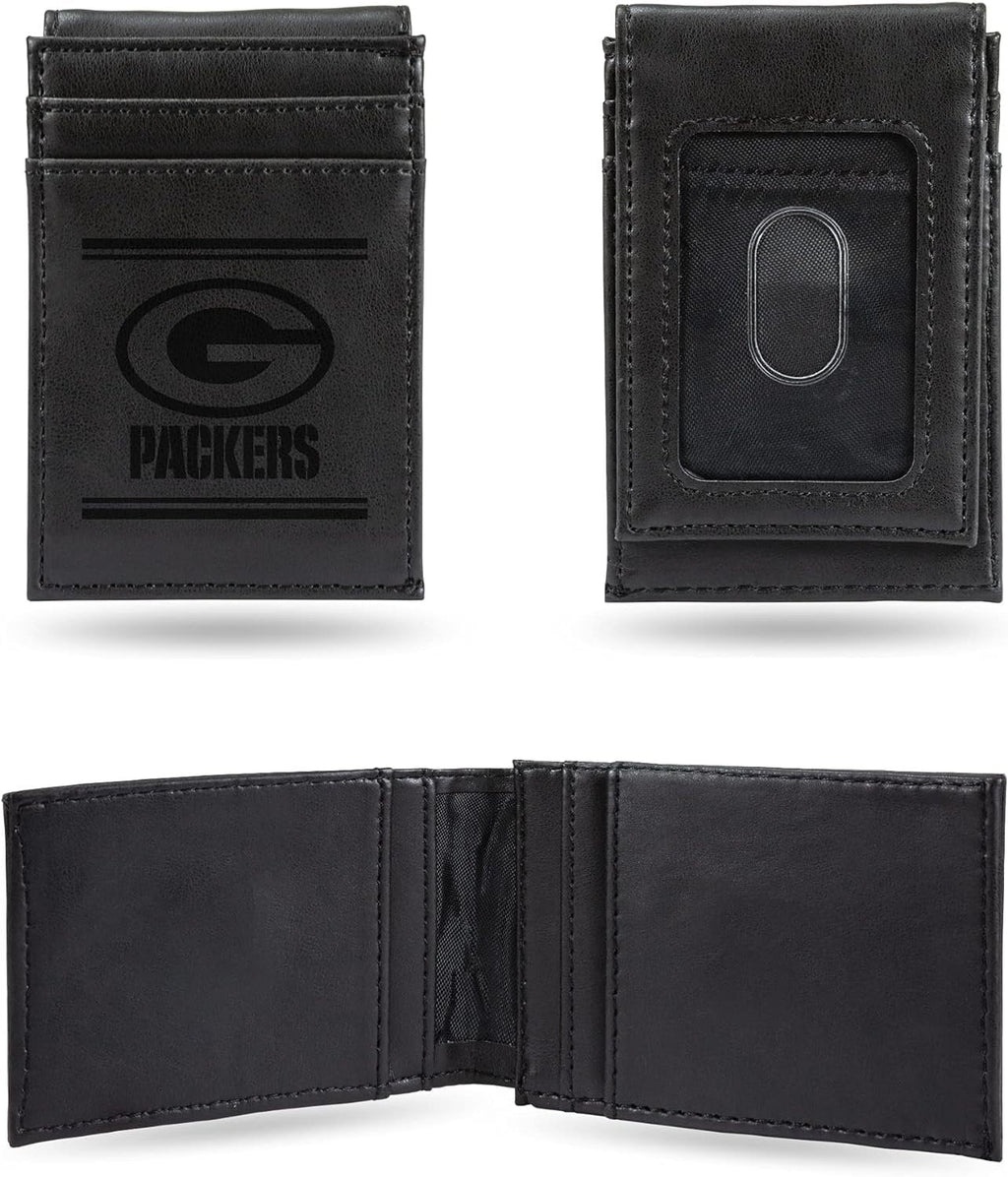 Green Bay Packers Premium Black Leather Wallet, Front Pocket Magnetic Money Clip, Laser Engraved, Vegan