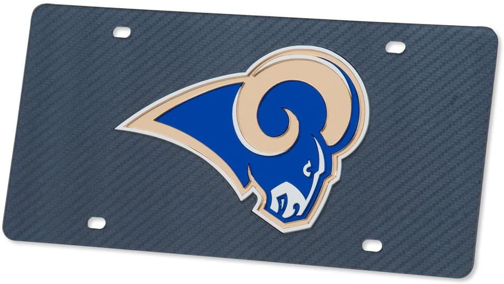 Los Angeles Rams Premium Laser Cut Tag License Plate, Carbon Fiber Design, Mirrored Acrylic Inlaid, 12x6 Inch